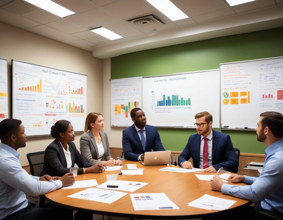 A professional setting depicting a diverse group of individuals engaged in a dynamic salary negotiation workshop. The room is filled with motivational posters about career growth, and there's a large whiteboard illustrating key negotiation tactics. Subtle symbols of opportunity, like open doors and ascending graphs, are integrated into the background. Soft, warm lighting enhances a collaborative atmosphere. vibrant colors. super-realistic.