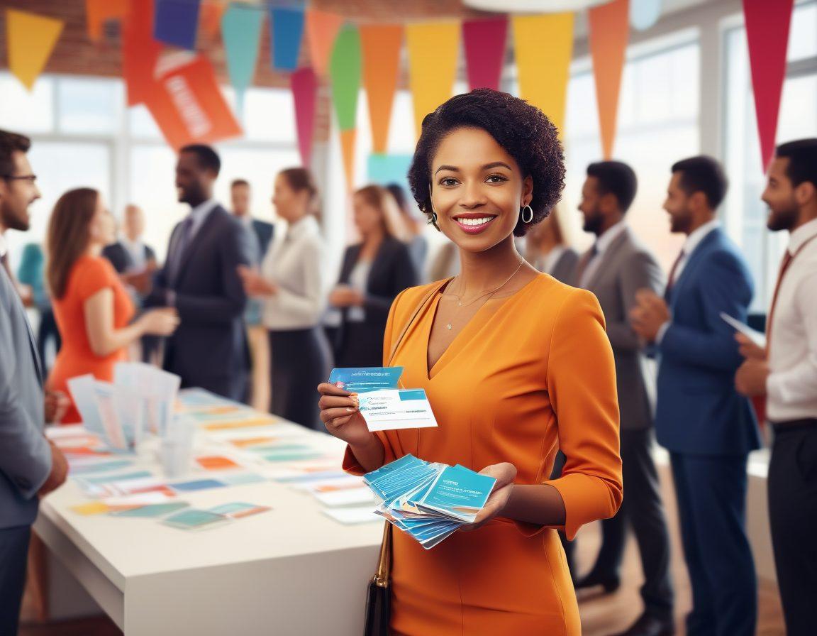 A professional individual standing confidently at a bustling networking event, surrounded by diverse people engaged in conversations and exchanging business cards. Banners showcasing career development tips in the background. A prominent path symbolizing career progression leads off into the distance. Warm and inviting colors to evoke a sense of opportunity and collaboration. modern illustration. vibrant colors. 3D.